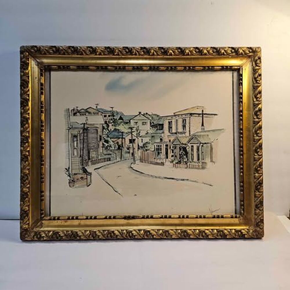 Original Verner Watercolor Street Scene Art in Old Gold Frame. Beautiful.
